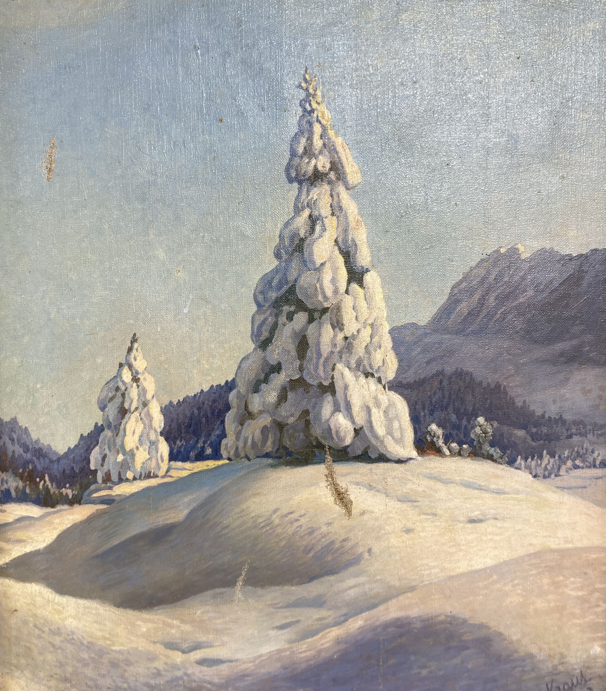 A. Kraus, oil on canvas, Alpine landscape, signed and dated 42, 47 x 41cm